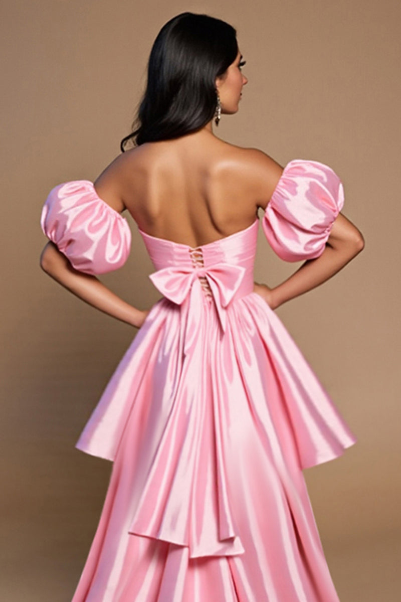 Load image into Gallery viewer, Pink A Line Off the Shoulder Short Satin Homecoming Dress with Bow
