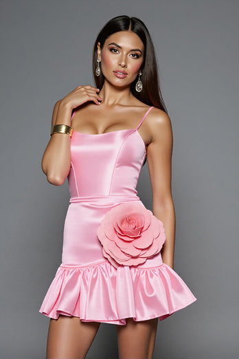 Pink Tight Bodycon Short Satin Homecoming Dress with 3D Flowers