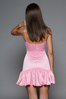 Load image into Gallery viewer, Pink Tight Bodycon Short Satin Homecoming Dress with 3D Flowers