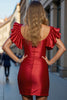 Load image into Gallery viewer, Red Tight Bodycon Keyhole Short Satin Homecoming Dress with Ruffles
