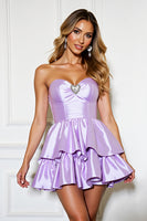 Load image into Gallery viewer, Lilac A Line Strapless Tiered Short Satin Homecoming Dress