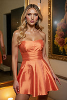 Load image into Gallery viewer, Orange Satin A Line Strapless Short Homecoming Dress