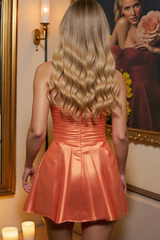 Orange Satin A Line Strapless Short Homecoming Dress