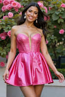Load image into Gallery viewer, Sparkly Corset Fuchsia Satin A Line Short Homecoming Dress with Beading