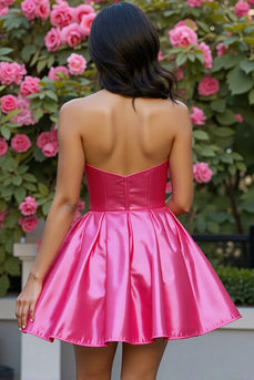 Sparkly Corset Fuchsia Satin A Line Short Homecoming Dress with Beading