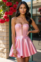 Load image into Gallery viewer, Sparkly Pink A Line Corset Satin Short Homecoming Dress