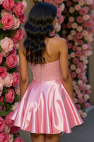 Load image into Gallery viewer, Sparkly Pink A Line Corset Satin Short Homecoming Dress