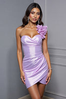 Load image into Gallery viewer, Lilac Satin One Shoulder Short Bodycon Homecoming Dress