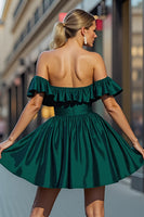 Load image into Gallery viewer, Dark Green A Line Satin Short Homecoming Dress with Ruffles