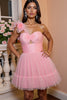 Load image into Gallery viewer, Floral Pink A Line One Shoulder Short Tulle Homecoming Dress