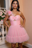 Load image into Gallery viewer, Floral Pink A Line One Shoulder Short Tulle Homecoming Dress