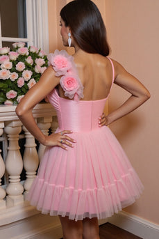 Floral Pink A Line One Shoulder Short Tulle Homecoming Dress