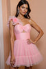 Load image into Gallery viewer, Floral Pink A Line One Shoulder Short Tulle Homecoming Dress