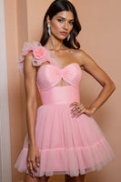 Load image into Gallery viewer, Floral Pink A Line One Shoulder Short Tulle Homecoming Dress