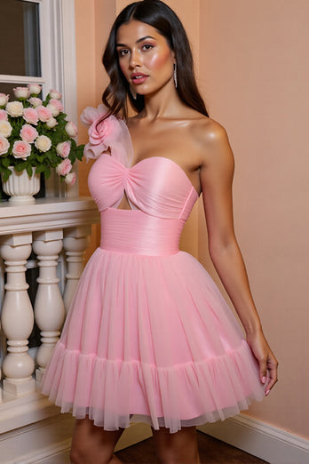 Floral Pink A Line One Shoulder Short Tulle Homecoming Dress