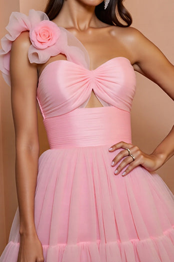 Floral Pink A Line One Shoulder Short Tulle Homecoming Dress