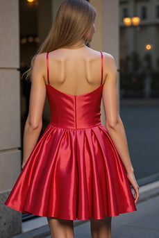 Red Satin Spaghetti Straps A Line Short Homecoming Dress