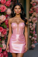 Load image into Gallery viewer, Sparkly Pink Corset Satin Short Homecoming Dress with Keyhole