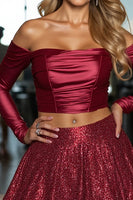 Load image into Gallery viewer, Sparkly Burgundy 2 Piece A Line Short Homecoming Dress