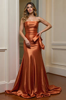 Load image into Gallery viewer, Orange Strapless Satin Long Formal Dress with Ruffles