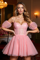 Load image into Gallery viewer, Pink A Line Tulle Corset Short Homecoming Dress with Appliques