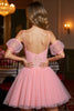 Load image into Gallery viewer, Pink A Line Tulle Corset Short Homecoming Dress with Appliques