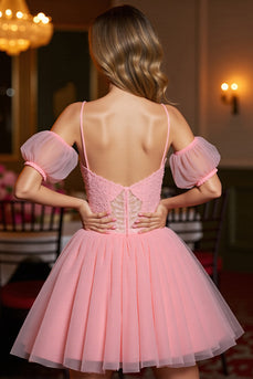 Pink A Line Tulle Corset Short Homecoming Dress with Appliques