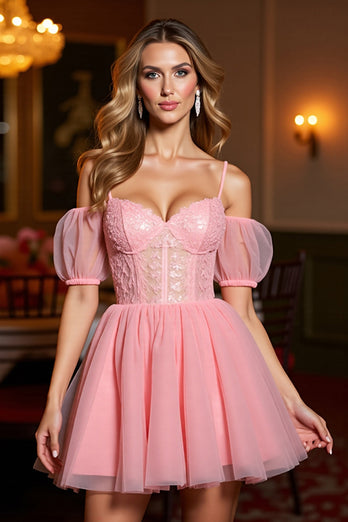 Pink A Line Tulle Corset Short Homecoming Dress with Appliques