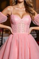 Load image into Gallery viewer, Pink A Line Tulle Corset Short Homecoming Dress with Appliques