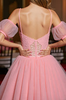Load image into Gallery viewer, Pink A Line Tulle Corset Short Homecoming Dress with Appliques