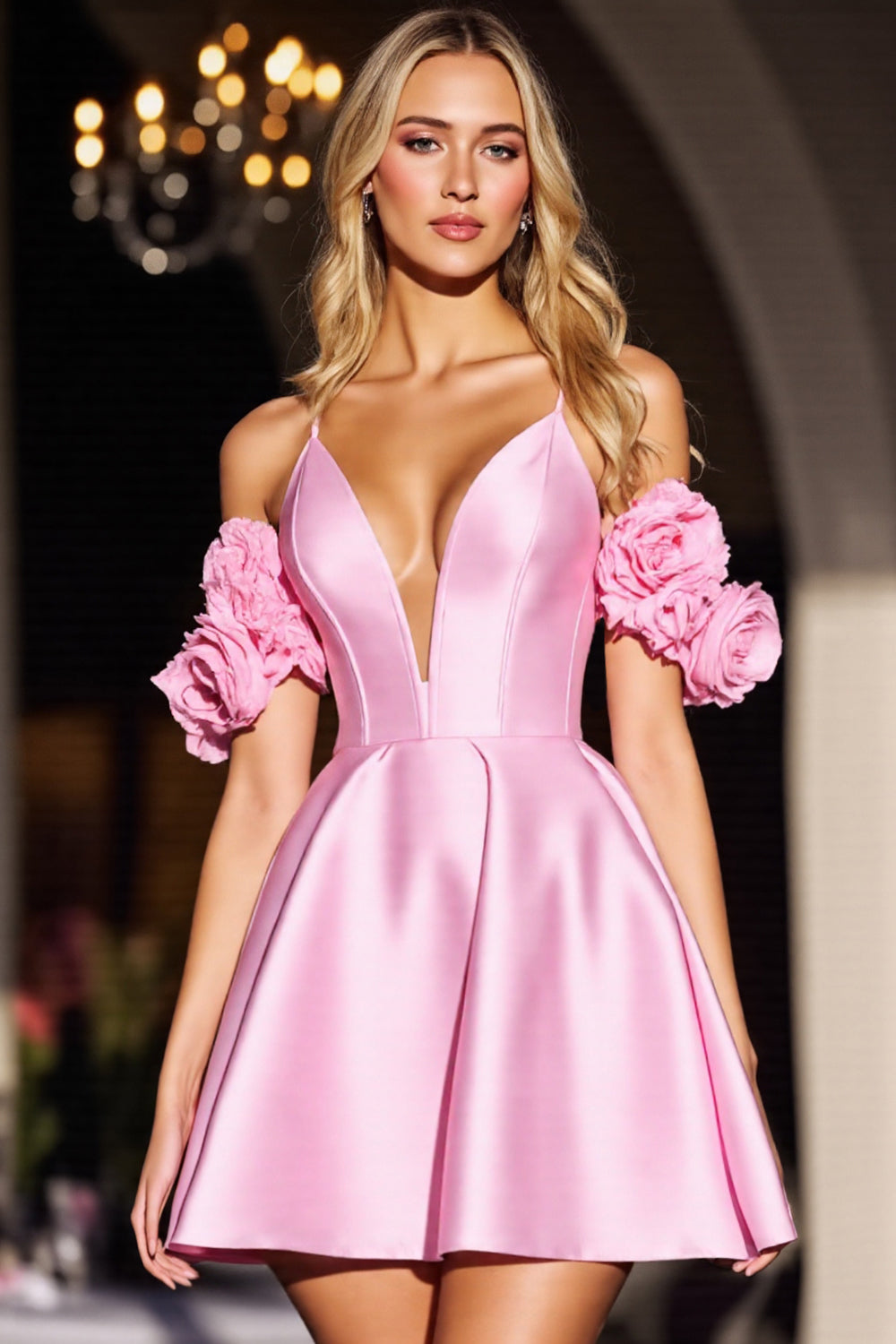 Floral Pink Corset A Line Short Satin Homecoming Dress