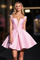 Load image into Gallery viewer, Pink Satin Deep V-Neck Ruched Short Homecoming Dress