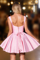 Load image into Gallery viewer, Pink Satin Deep V-Neck Ruched Short Homecoming Dress
