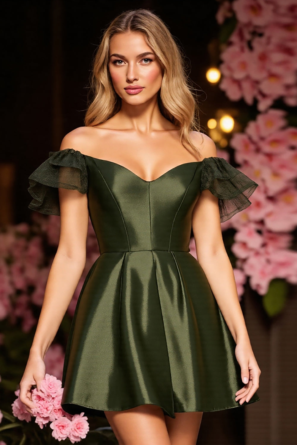 Army Green Satin Corset Short Homecoming Dress with Ruffles