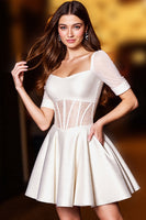 Load image into Gallery viewer, Sparkly White Corset A Line Short Homecoming Dress with Sleeves