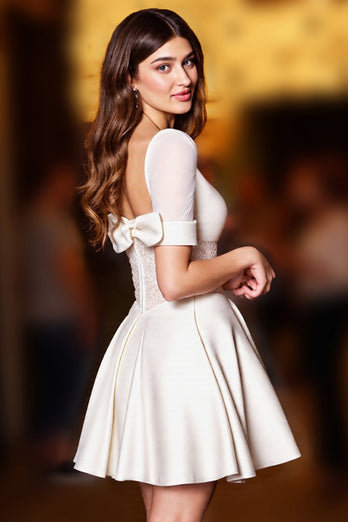 Sparkly White Corset A Line Short Homecoming Dress with Sleeves
