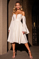 Load image into Gallery viewer, Ivory Off the Shoulder A Line Midi Homecoming Dress with Sleeves