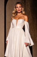 Load image into Gallery viewer, Ivory Off the Shoulder A Line Midi Homecoming Dress with Sleeves