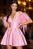 Load image into Gallery viewer, Pink Satin V-Neck Short Homecoming Dress with Feathers