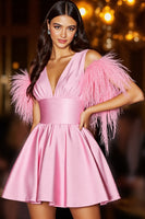 Load image into Gallery viewer, Pink Satin V-Neck Short Homecoming Dress with Feathers