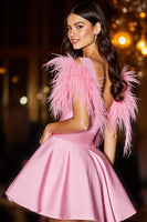 Load image into Gallery viewer, Pink Satin V-Neck Short Homecoming Dress with Feathers