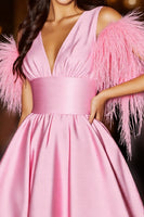 Load image into Gallery viewer, Pink Satin V-Neck Short Homecoming Dress with Feathers