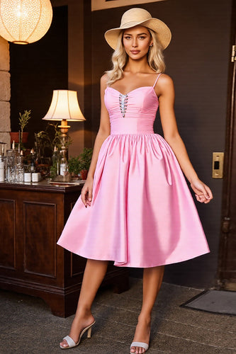 Pink Satin Ruched A Line Midi Homecoming Dress