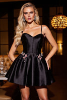 Load image into Gallery viewer, Black Satin Spaghetti Straps A Line Short Homecoming Dress