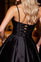 Load image into Gallery viewer, Black Satin Spaghetti Straps A Line Short Homecoming Dress