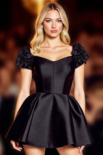 Cute Black Satin Corset Short Homecoming Dress with Sleeves