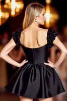 Load image into Gallery viewer, Cute Black Satin Corset Short Homecoming Dress with Sleeves