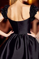 Load image into Gallery viewer, Cute Black Satin Corset Short Homecoming Dress with Sleeves