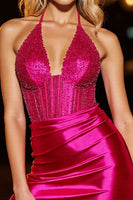 Load image into Gallery viewer, Sparkly Fuchsia Corset Bodycon Satin Short Homecoming Dress