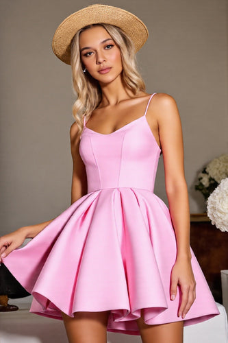 Pink Corset A Line Spaghetti Straps Short Satin Homecoming Dress